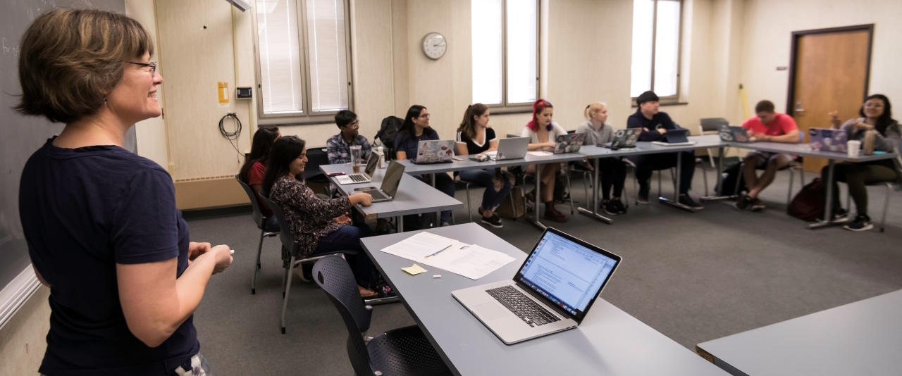 Faculty member Katherine Schaefer teaching a class. (University of Rochester photo / J. Adam Fenster)